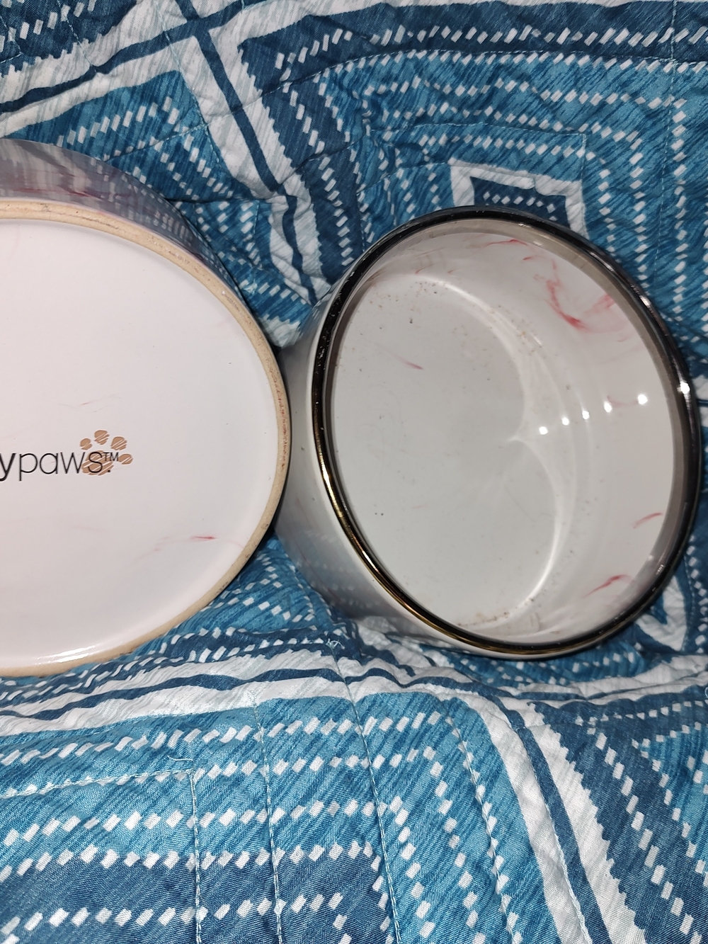 Paw Paws Ceramic Dog Bowl with Gold Rim - White